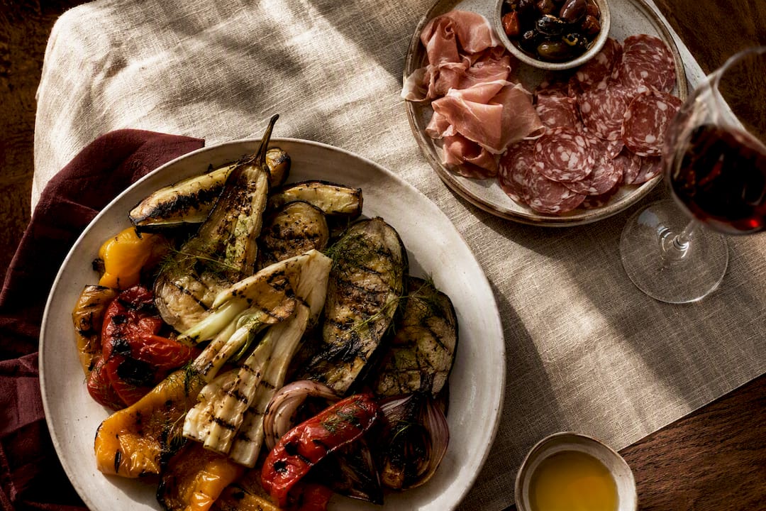 Grilled vegetables and charcuterie for wine pairing