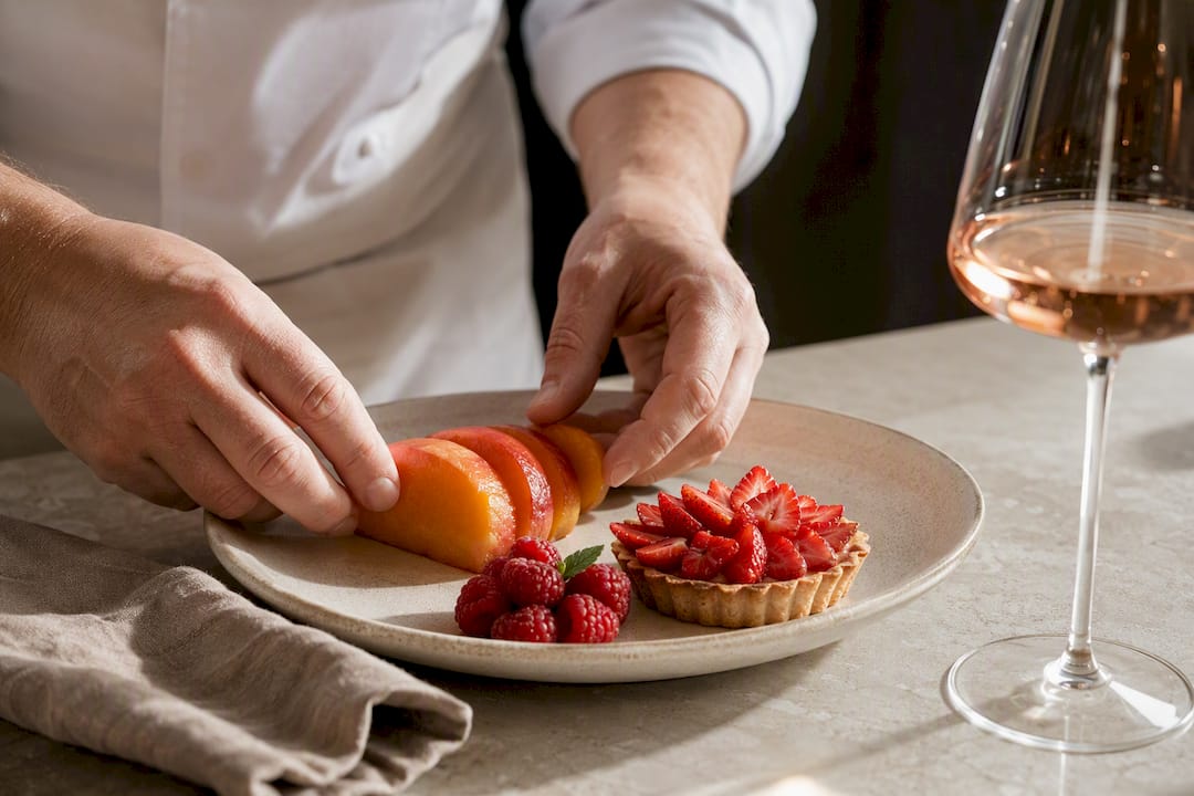 Fruit desserts beside a rosé tasting glass