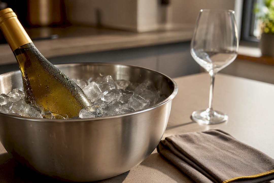 Anonymous white wine bottle chilling in ice bath