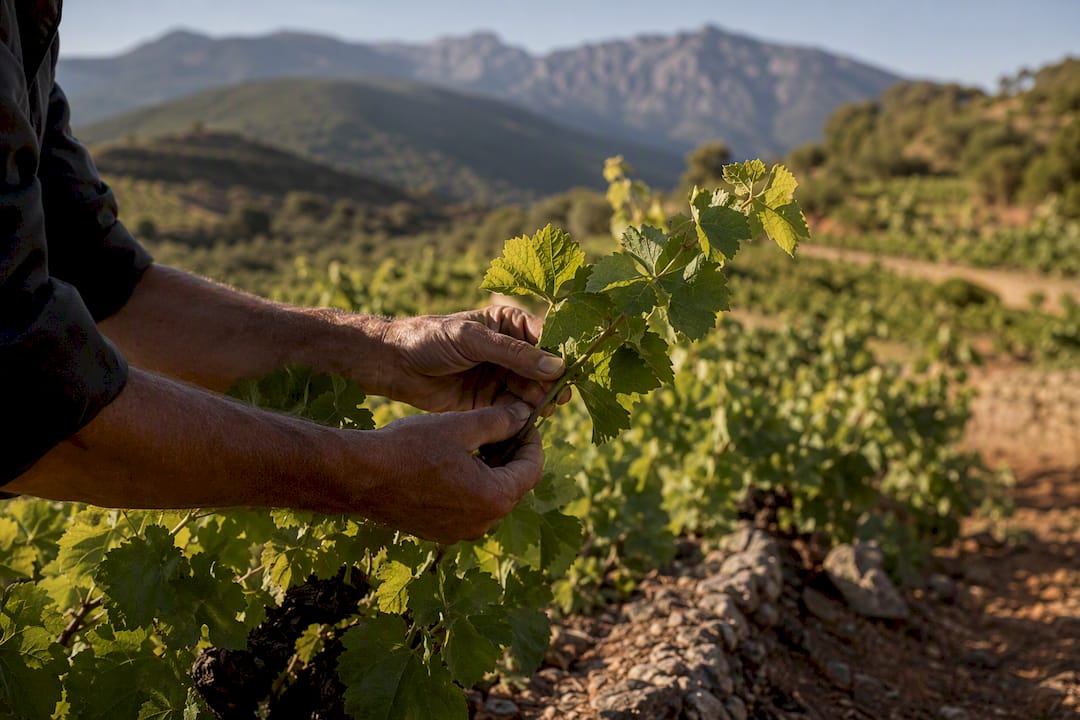 Old vines in a Roussillon vineyard landscape