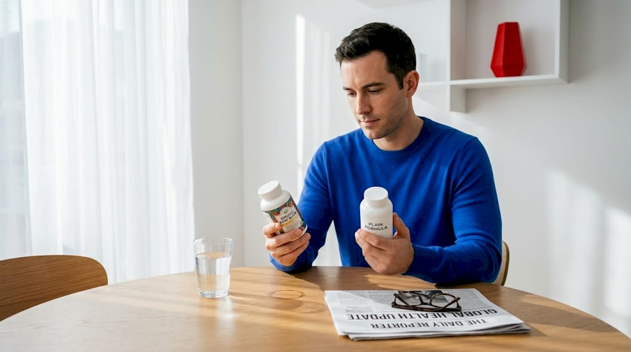 Comparing supplement bottles at kitchen table