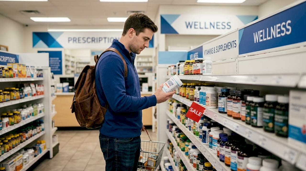 Man inspecting collagen supplement nutrition label