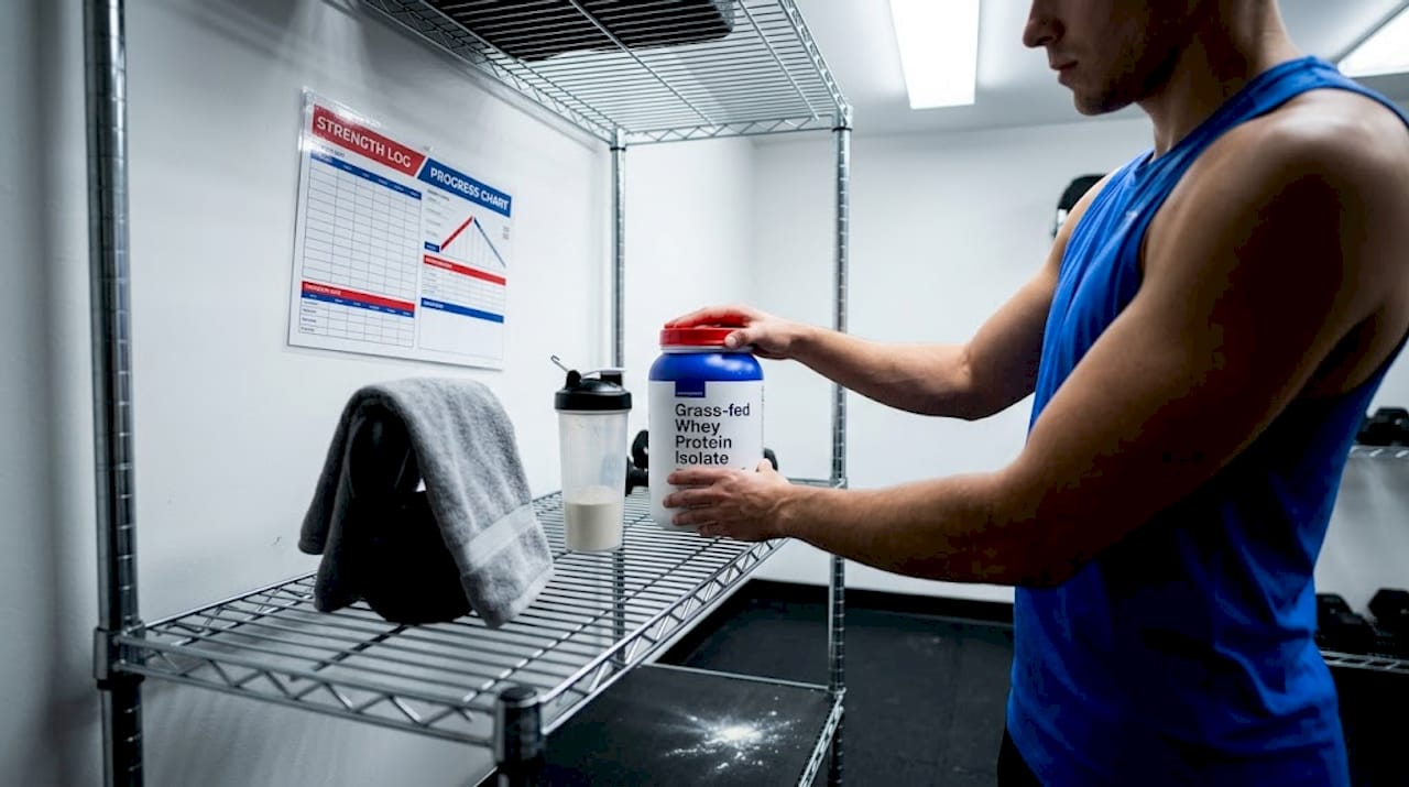 Athlete shelving grass-fed whey protein in gym
