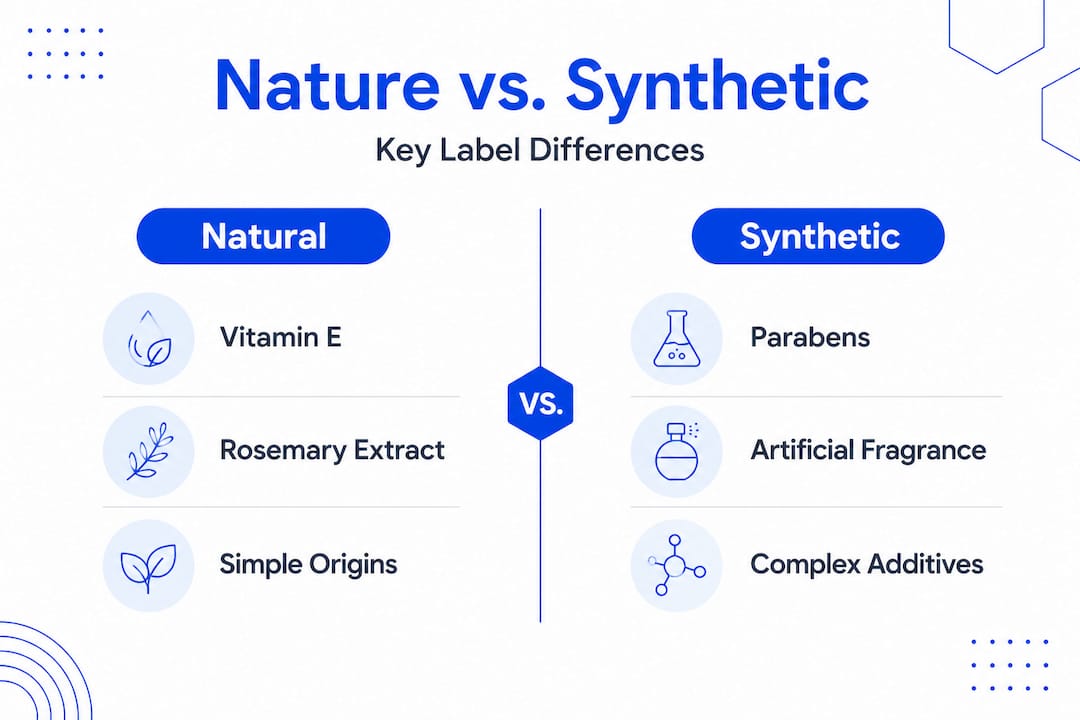 Infographic comparing natural and synthetic skincare label factors