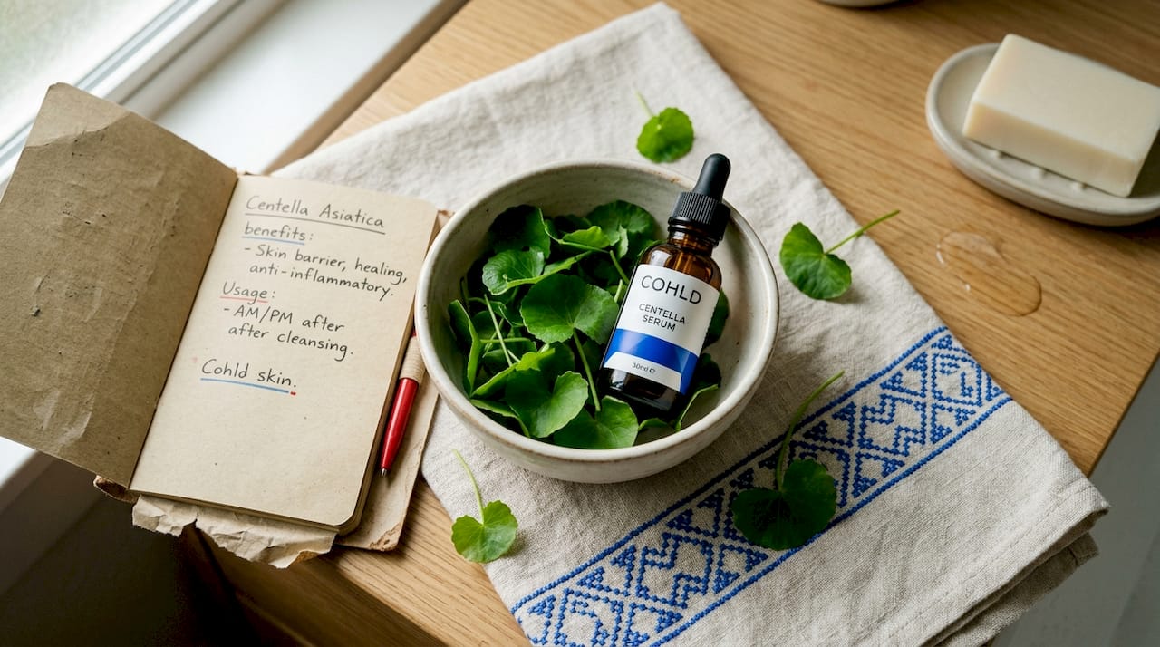 Centella asiatica leaves and serum on bathroom counter