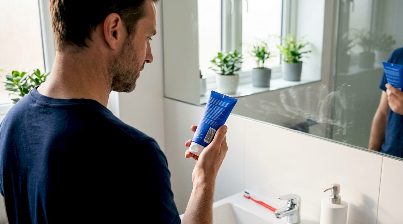 Man studies ingredient list on moisturizer bottle
