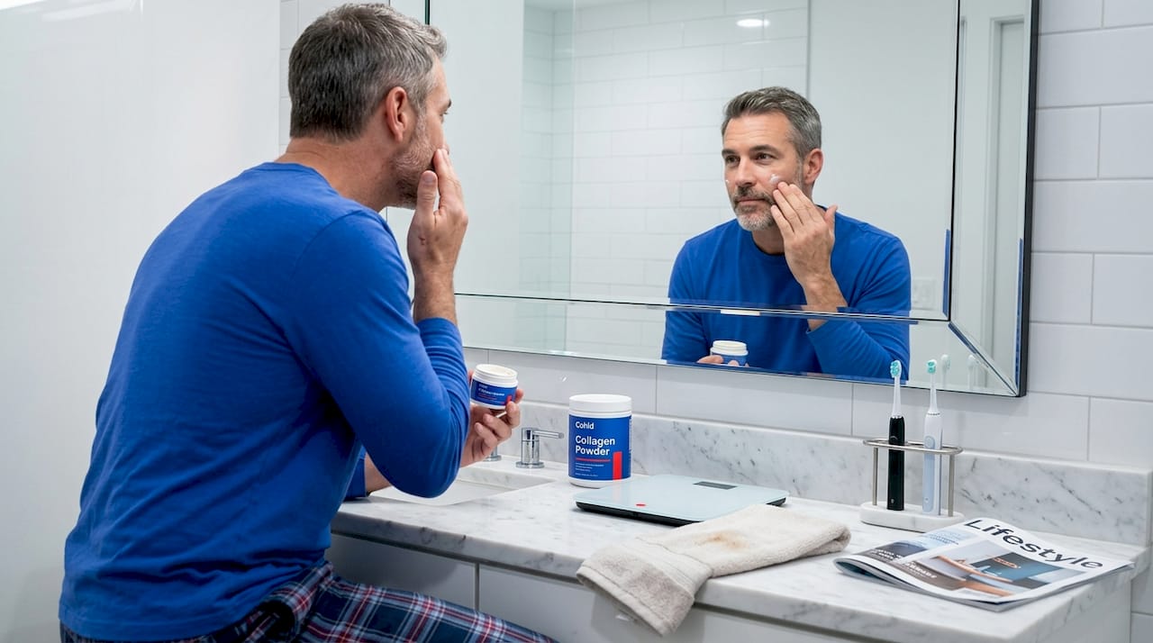 Man applies skincare at bathroom counter with collagen