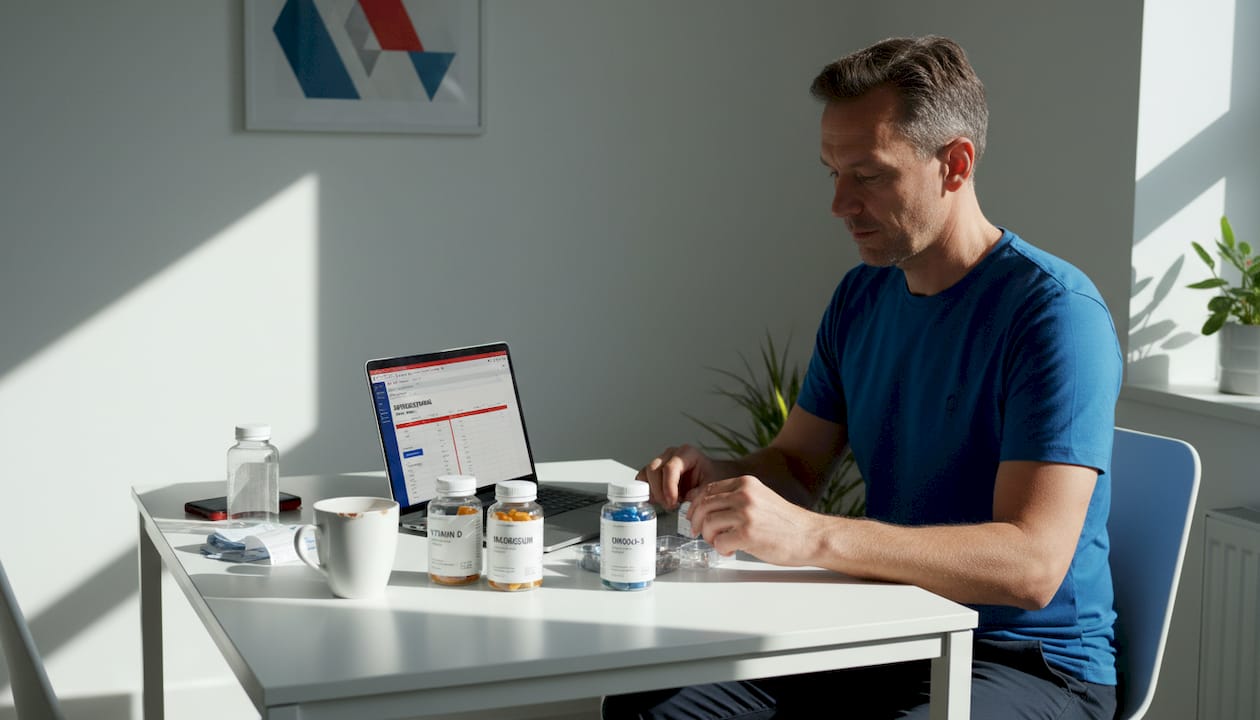 Man organizes supplement bottles in home