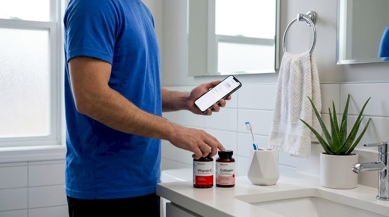 Man places vitamin C and collagen bottles on bathroom counter