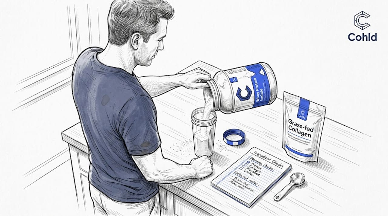 Man preparing protein powder at kitchen island