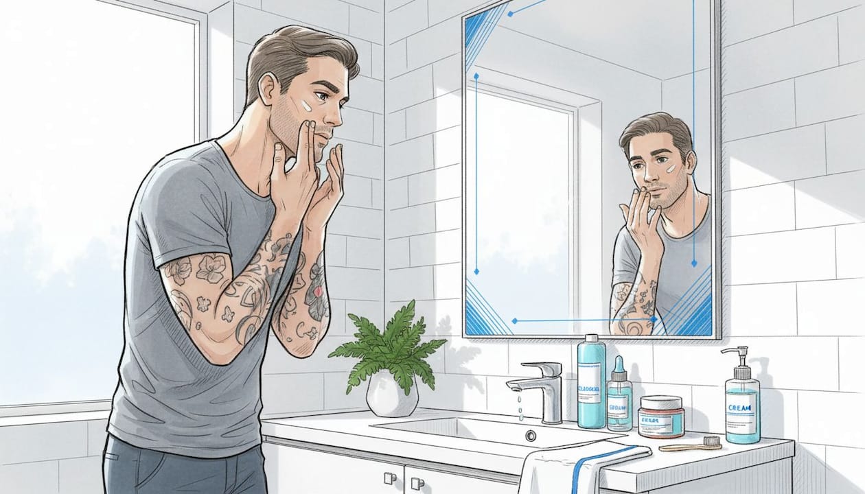 Man following minimalist skincare at bathroom sink