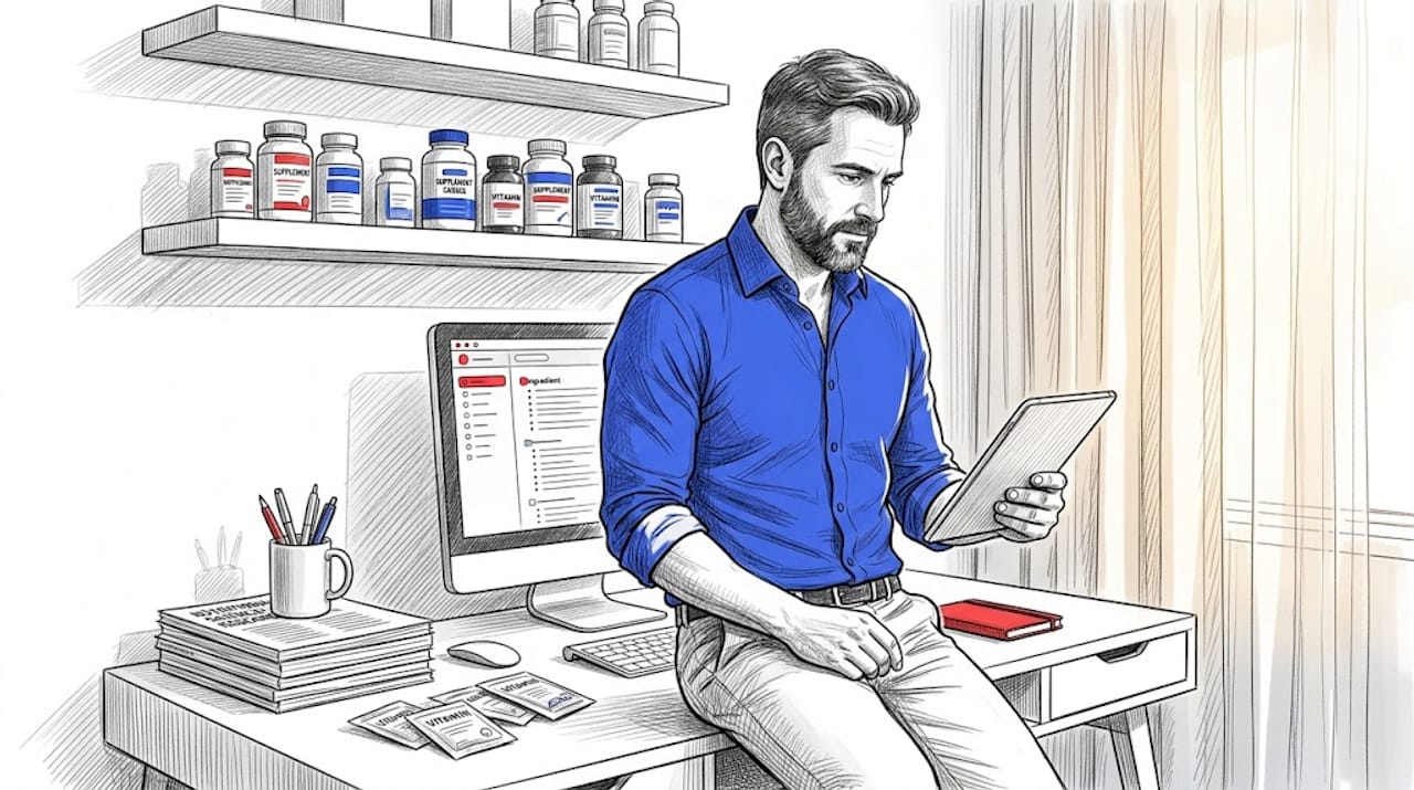 Man checking supplement bottles at home desk