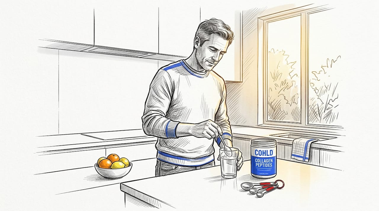 Man preparing collagen supplement in kitchen