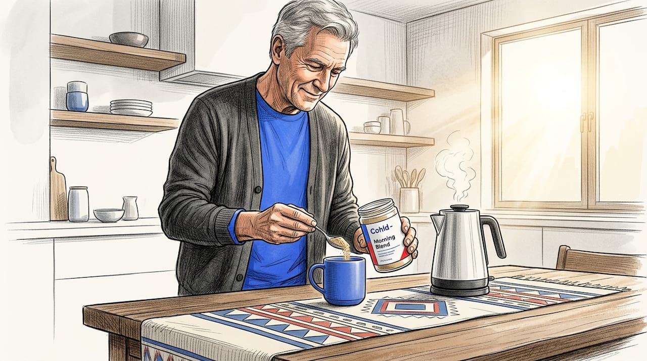 Man preparing maca drink at kitchen table