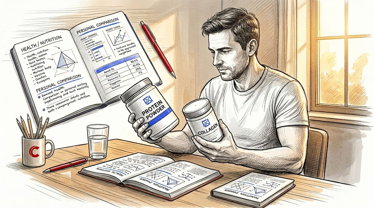 Man comparing supplement tubs at dining table