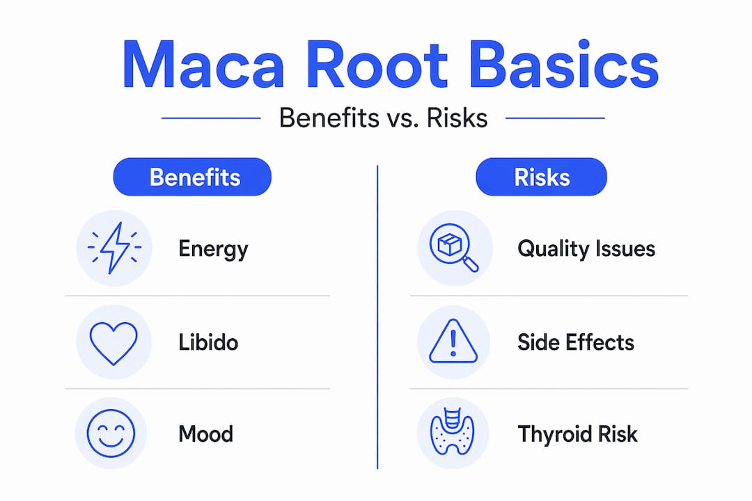 Infographic comparing maca root benefits and risks