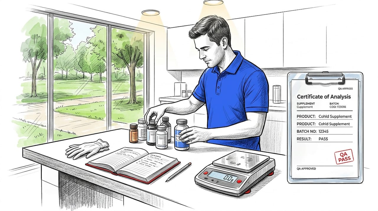Laboratory technician reviewing supplement bottles