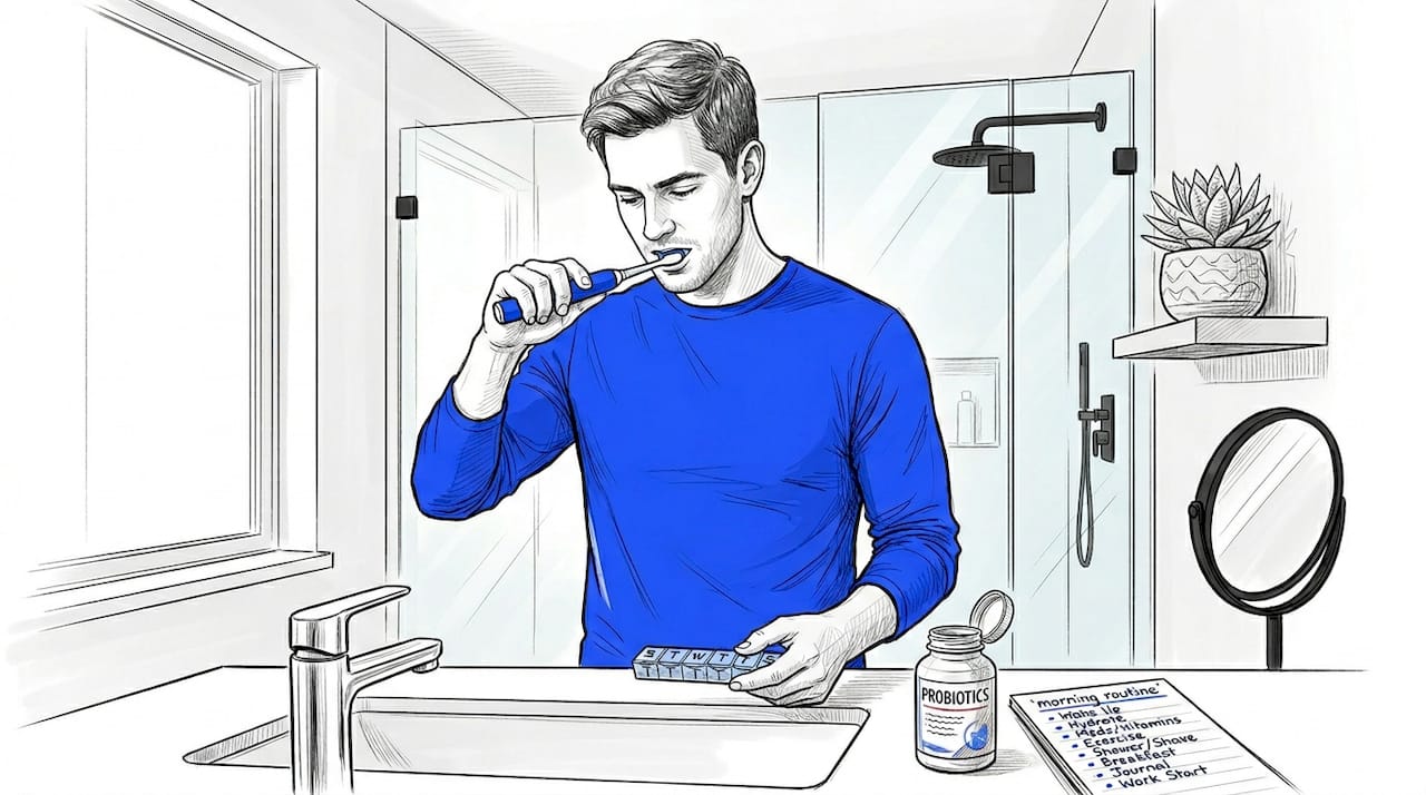 Man checking pill organizer during morning routine
