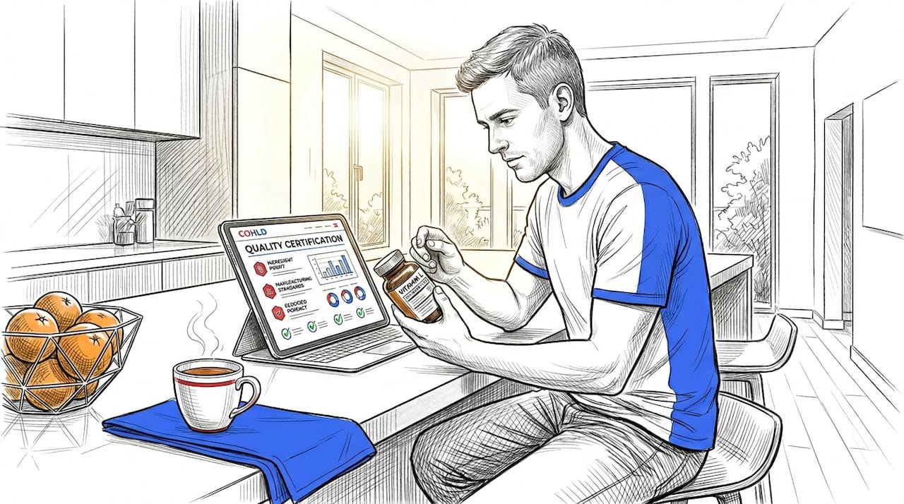 Man verifies supplement label against laptop website