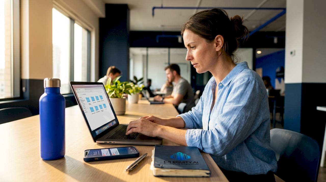 Manager organizing loan files on laptop