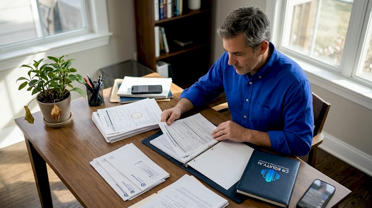 Man reviews small business loan paperwork at home office