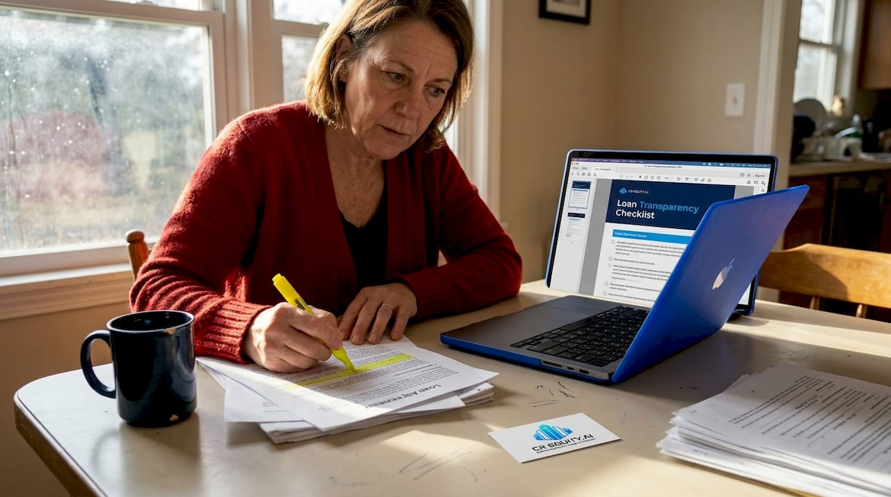 Businesswoman reviews loan agreement at home