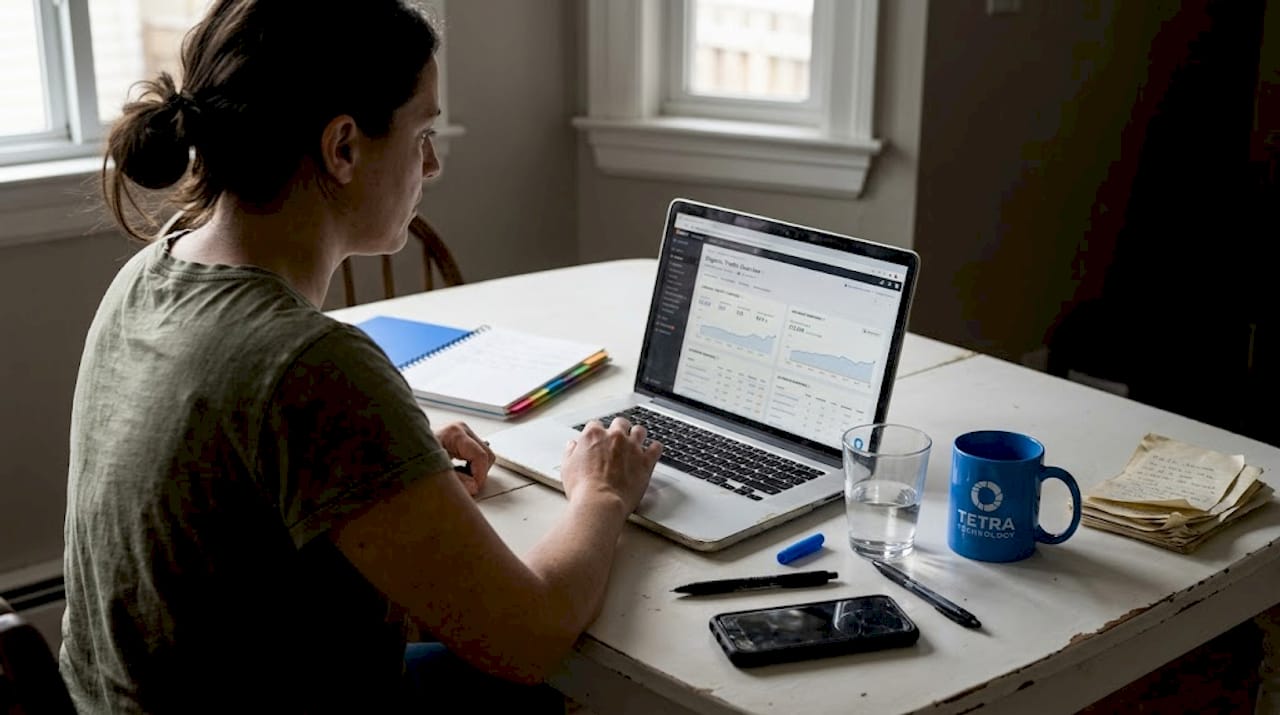 Marketer running SEO audit at kitchen table