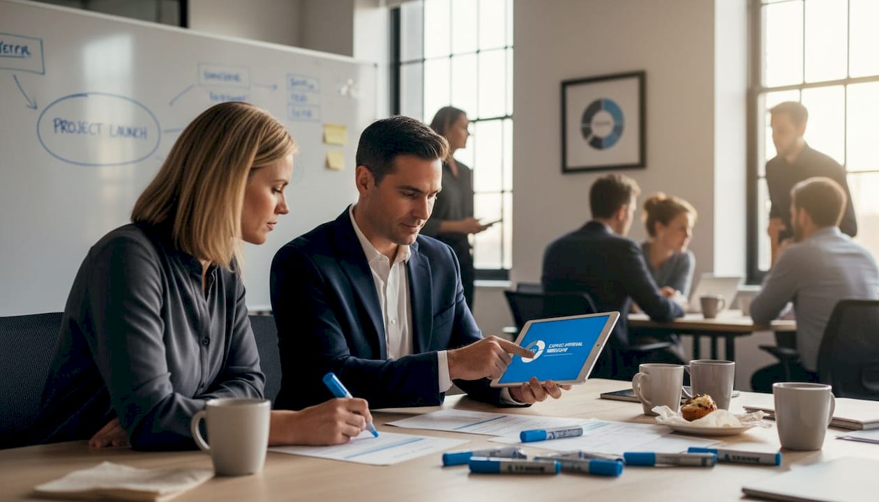 Colleagues collaborating on workflow automation tasks