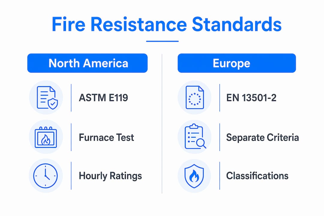 Comparison infographic of fire resistance standards between North America and Europe