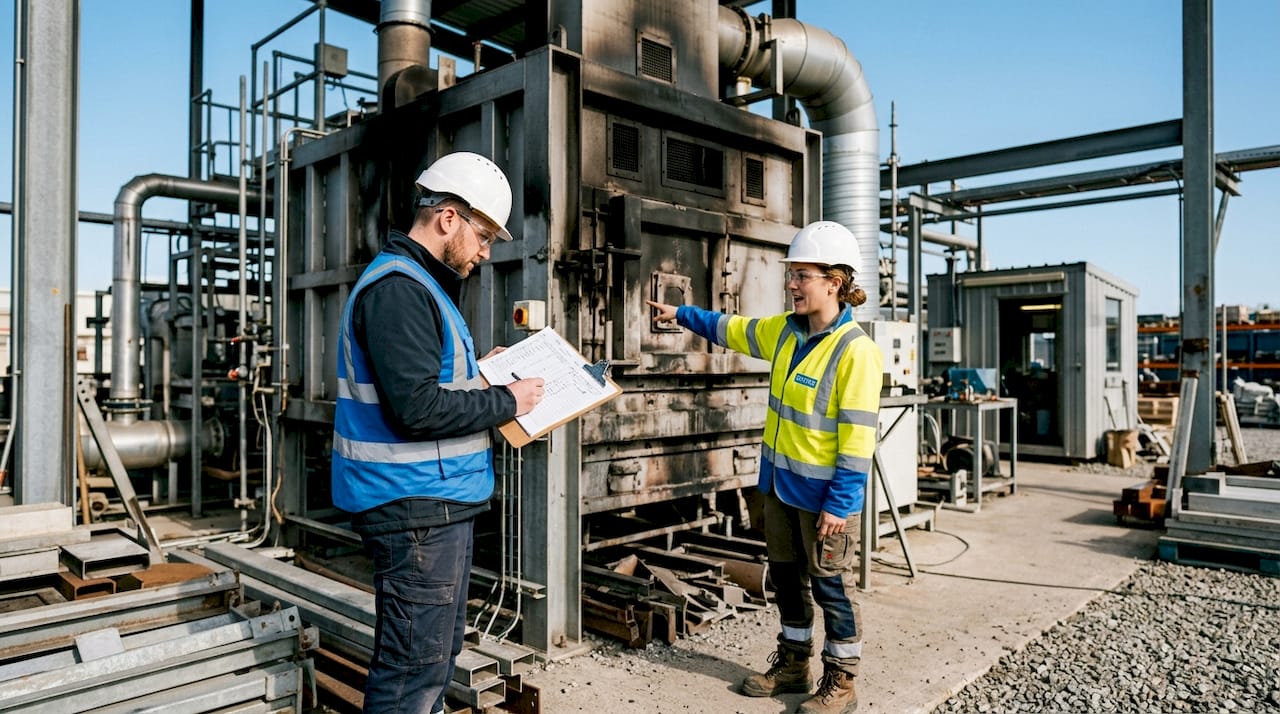 Engineers discussing ASTM E119 fire test in lab