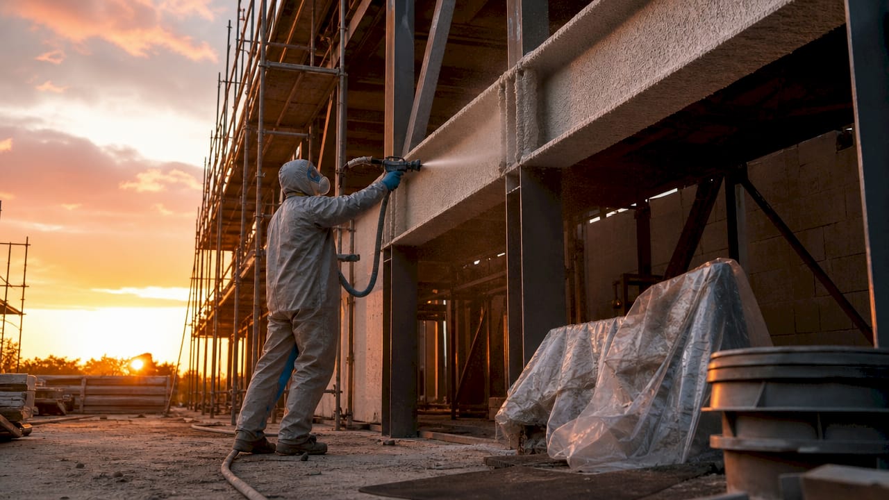 Close-up of spray fireproofing on steel beams