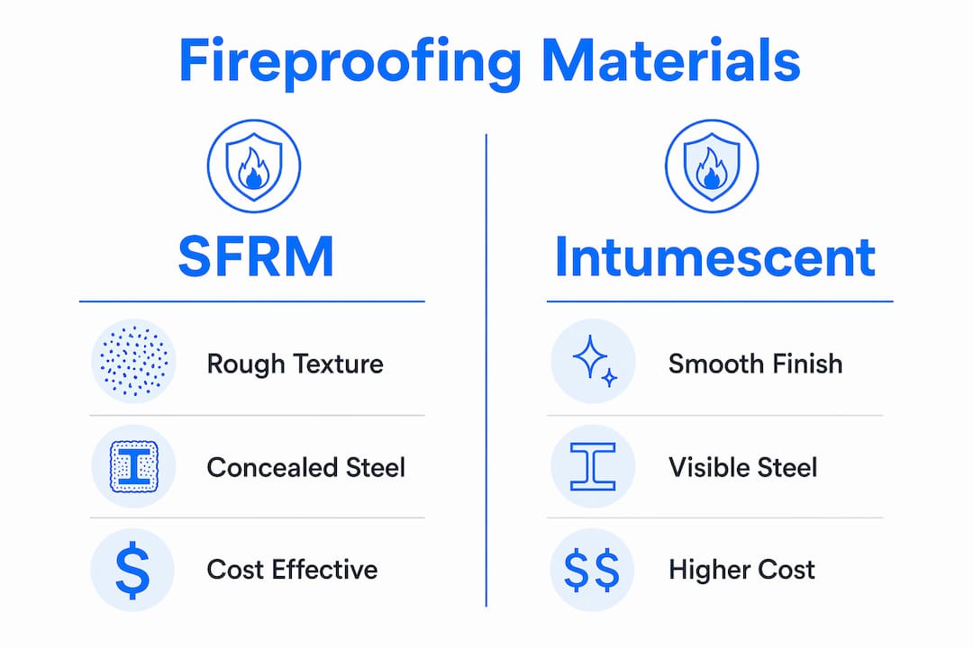 Infographic comparing fireproofing materials SFRM and intumescent