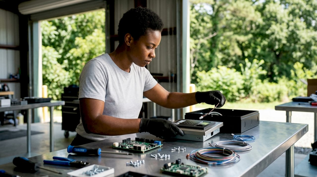 Hands assembling electronic access control system components
