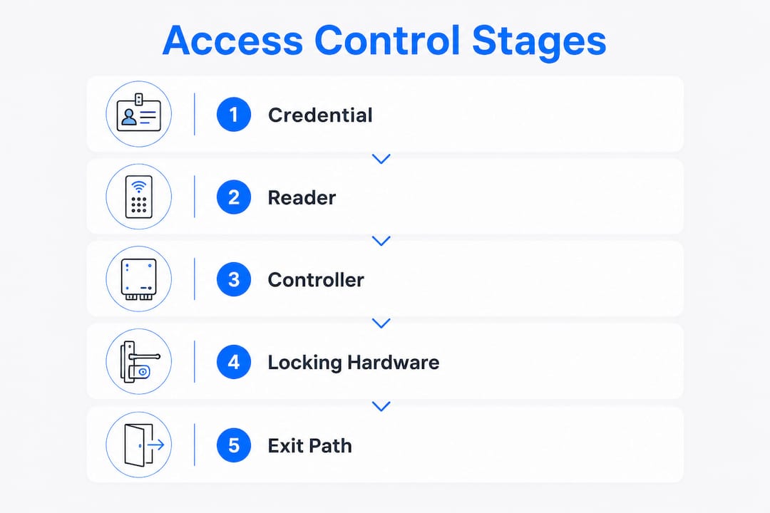 Infographic illustrating access control door system components flow