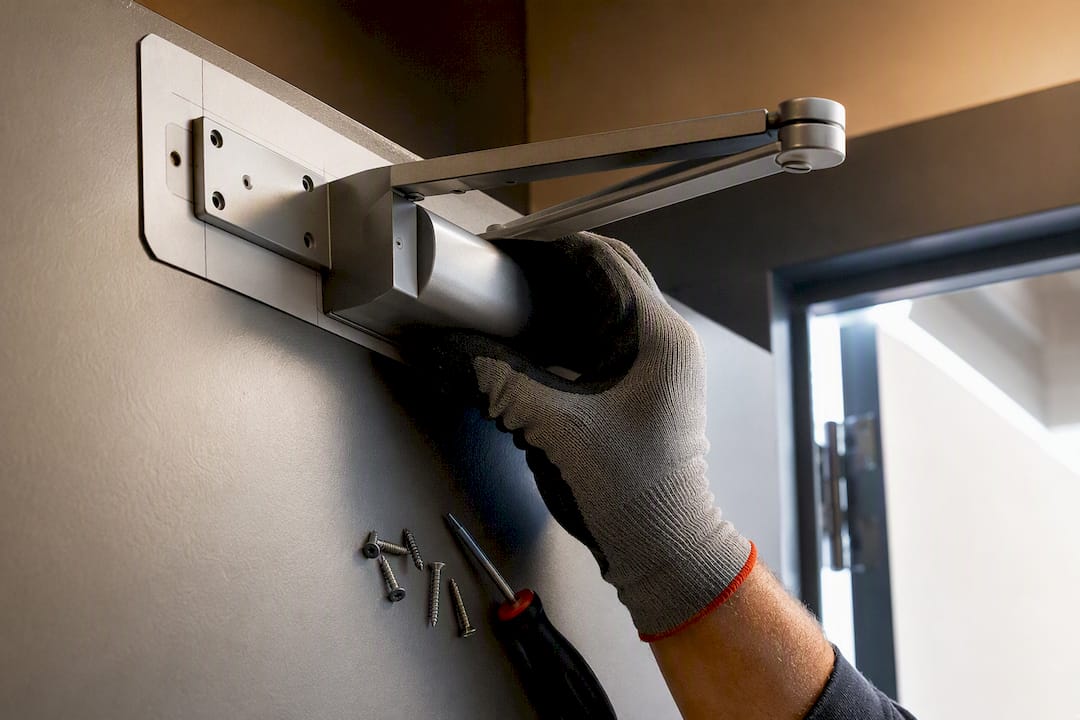 Contractor installing fire door closer hardware