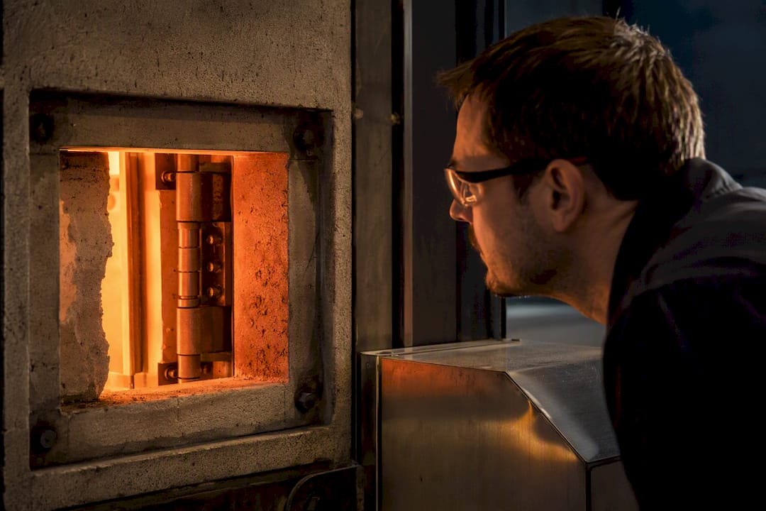 Hinge assembly during fire endurance testing