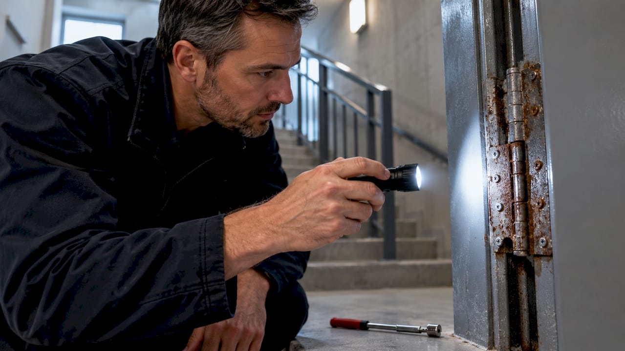 Technician inspecting worn corroded door hinge