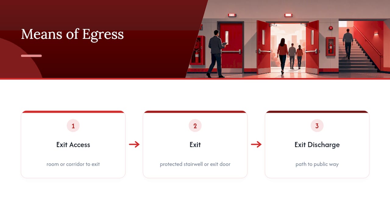 Three-part means of egress flow