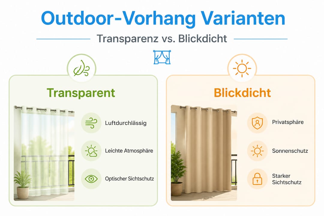 Infografik: Transparente vs. blickdichte Outdoor-Gardinen im Vergleich