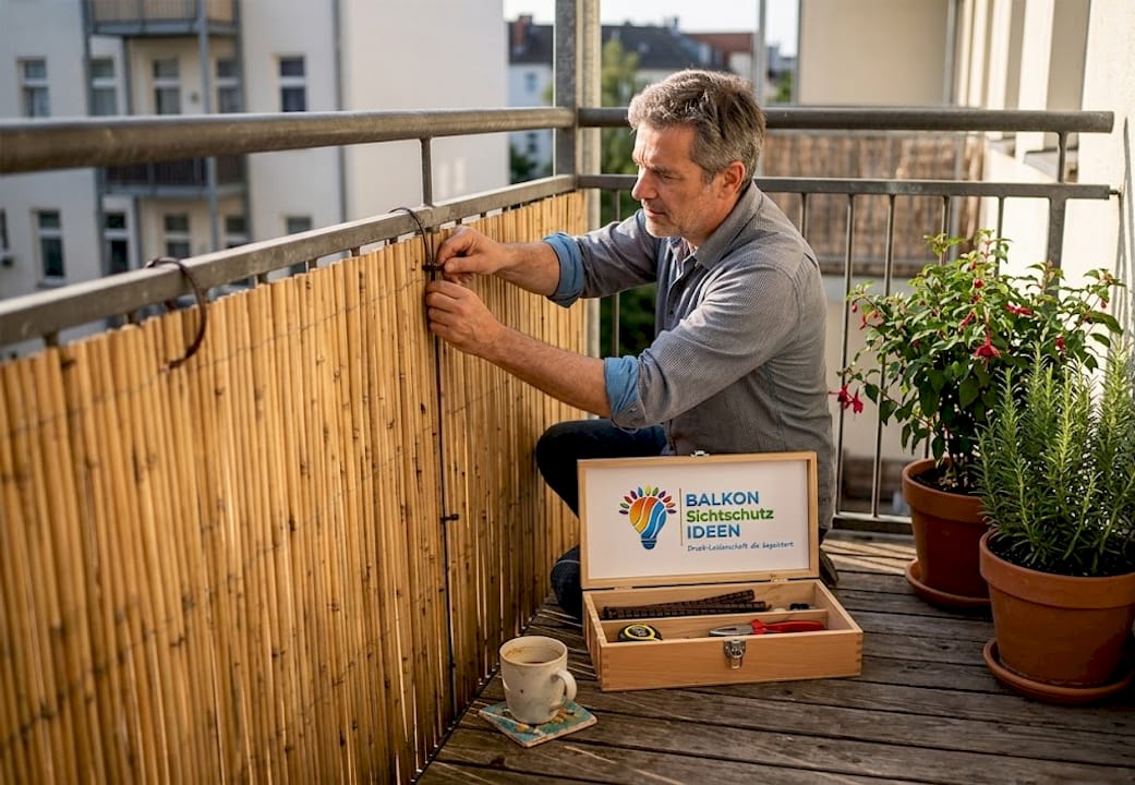 Ein Mann bringt einen Bambus-Sichtschutz am Balkon an.