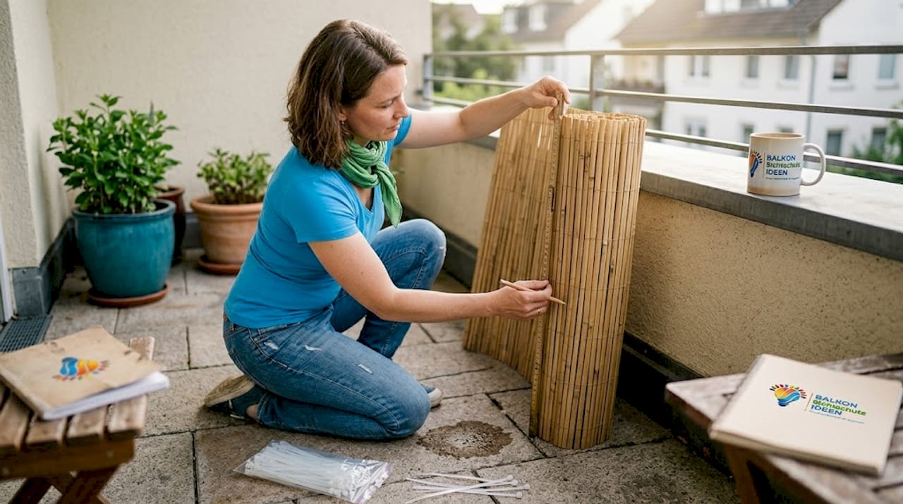Sichtschutzmatten richtig zuschneiden: Schritt-für-Schritt 7 Eine Frau vermisst und kennzeichnet eine Sichtschutzmatte auf ihrer Terrasse.