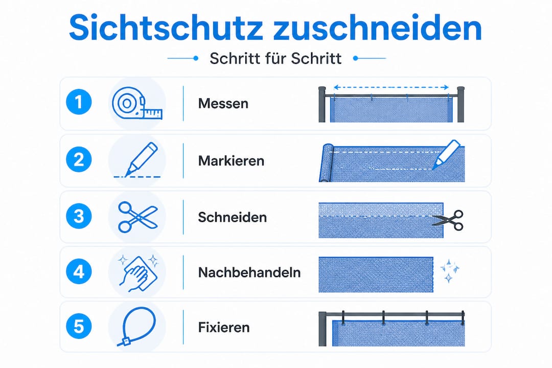 Sichtschutzmatten richtig zuschneiden: Schritt-für-Schritt 8 Infografik: So schneiden Sie Ihre Sichtschutzmatte in fünf einfachen Schritten richtig zu