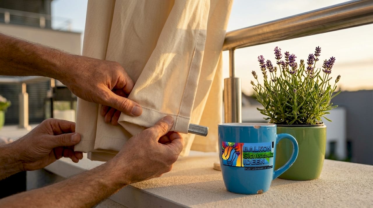 Outdoorgardinen für Balkon und Terrasse: Kreative Tipps 7 Detailansicht: Gardine am Balkongeländer mit Bleiband befestigt