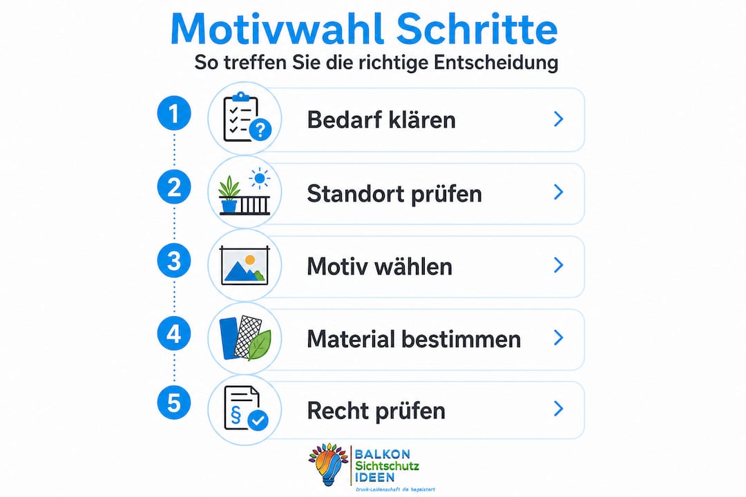 Sichtschutzmotive richtig wählen: Leitfaden für Balkon und Terrasse 8 Infografik: So findest du das passende Sichtschutzmotiv – Schritt für Schritt erklärt