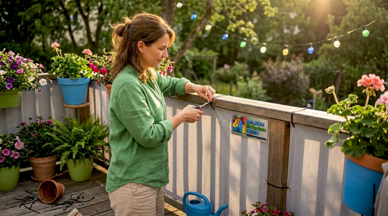 Sichtschutzmotive richtig wählen: Leitfaden für Balkon und Terrasse 7 Eine Frau gestaltet ihre Terrasse mit Sichtschutz und neuen Pflanzen, um mehr Privatsphäre und Gemütlichkeit zu schaffen.