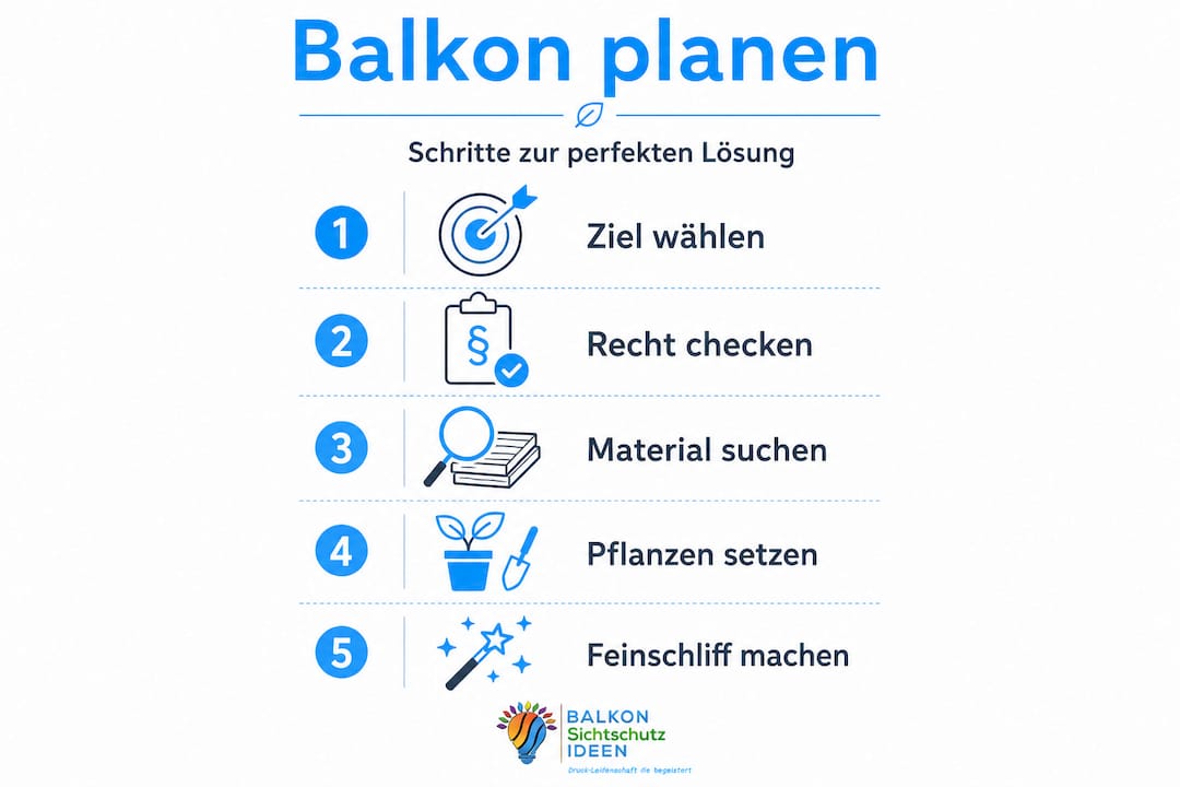 Balkon Gestalten: Privatsphäre und Ästhetik optimal verbessern 8 Schritt-für-Schritt-Anleitung: So planen Sie die perfekte Balkongestaltung – anschaulich dargestellt in einer Infografik