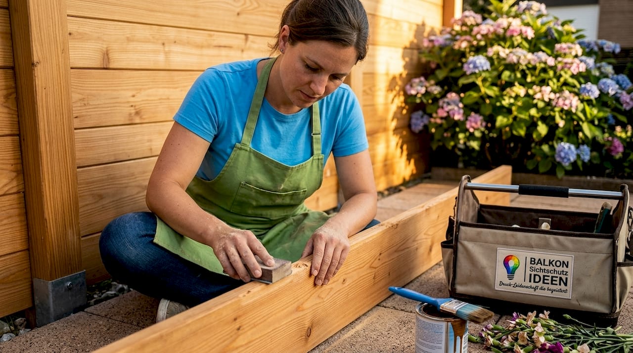 Sichtschutz gegen Nachbarn bauen: DIY-Anleitung für mehr Privatsphäre 7 Eine Frau schleift einen Sichtschutzzaun aus Lärchenholz auf ihrer Terrasse ab.