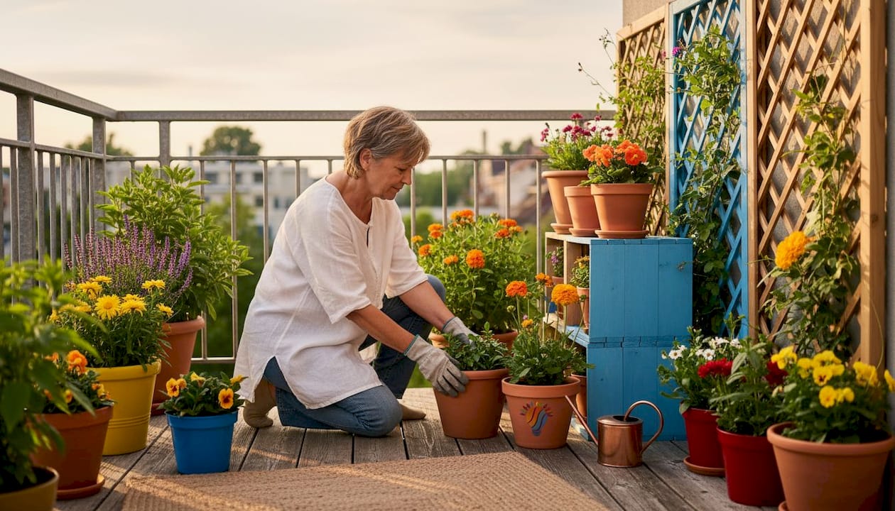 Sichtschutz für Balkon und Terrasse individuell gestalten 8 Eine Frau entwickelt einen flexibel einsetzbaren Sichtschutz aus Pflanzen.
