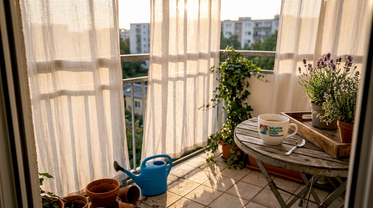 Optische Effekte von Sichtschutz clever nutzen und gestalten 3 Ein Balkon mit lichtdurchlässigem Sichtschutz, auf dem das sanfte Morgenlicht für eine angenehme Atmosphäre sorgt.
