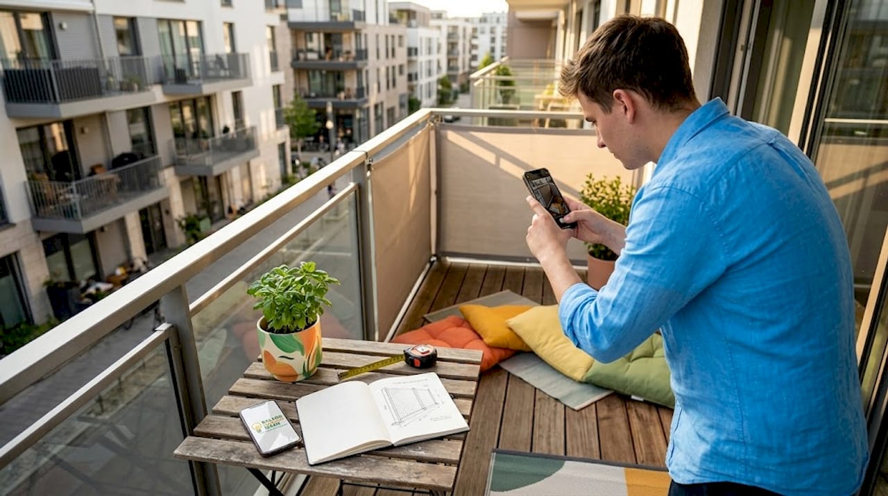 Programm Wohnung Einrichten: Balkon und Sichtschutz Planen 7 Mit dem Smartphone nimmt jemand Maß auf dem Balkon, um die Planung vorzubereiten.